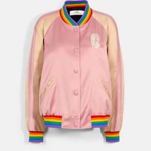 NWT COACH Horse Carriage Embroidery Rainbow Souvenir Varsity Jacket  Pink SMALL